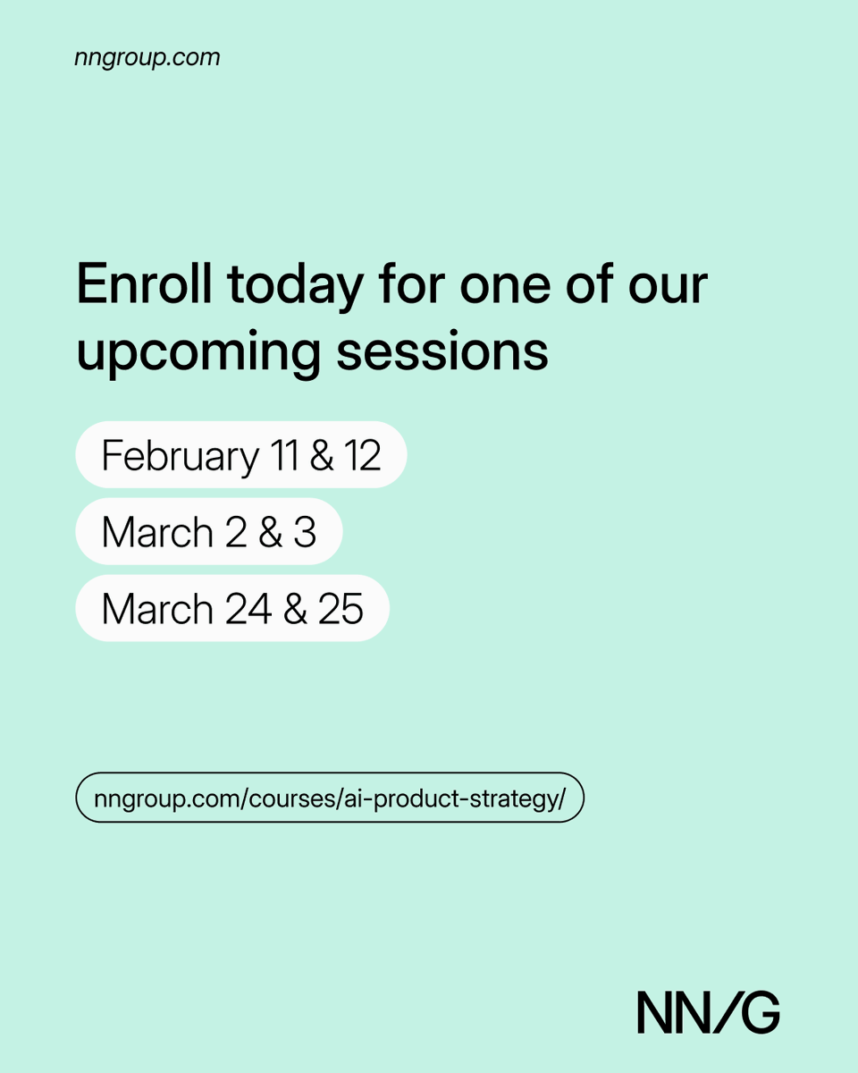 NNgroup's tweet image. Shift from AI-first thinking to a value-first, problem-first approach. Our new AI Product Strategy course gives you the frameworks to evaluate, prioritize, and align your team.

🔗 bit.ly/4pni99u 

#AIinUX