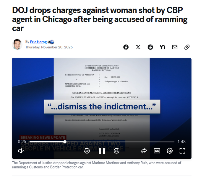 ReichlinMelnick's tweet photo. Do NOT trust this statement, and demand that DHS provide hard video evidence of what happened.

In Chicago after a CBP officer shot a woman, @TriciaOhio's first statement claimed she "rammed" the car and pulled a gun. Bodycam proved this was false, and DOJ dropped all charges. https://t.co/ouURuhlfwu