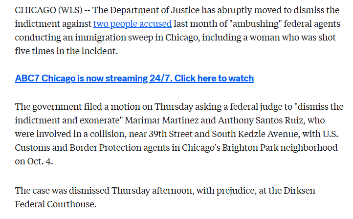 Do NOT trust this statement, and demand that DHS provide hard video evidence of what happened.

In Chicago after a CBP officer shot a woman, <a href="/TriciaOhio/">Tricia McLaughlin</a>'s first statement claimed she "rammed" the car and pulled a gun. Bodycam proved this was false, and DOJ dropped all charges.