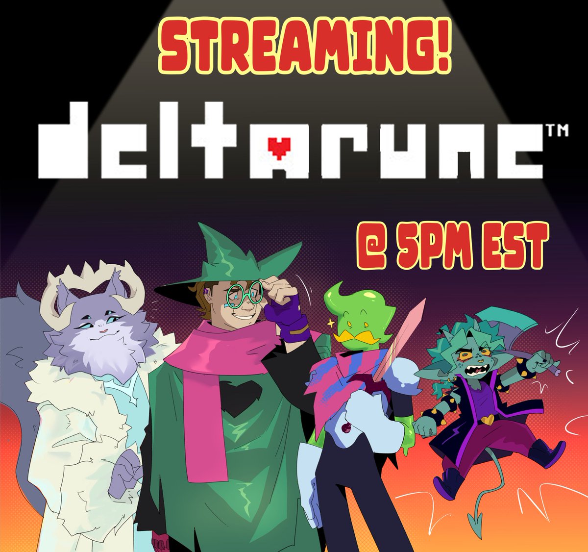 STREAM TODAY! AT 2pm PST and 5pm EST
JOIN US! As we play through DELTARUNE Once more! This time more thoroughly, Starting from Chapter 3! 

Join us to get Glowbat's Blind reaction to these chapters, while we all have a blast voicing these goobers! 

twitch.tv/synthcharmva