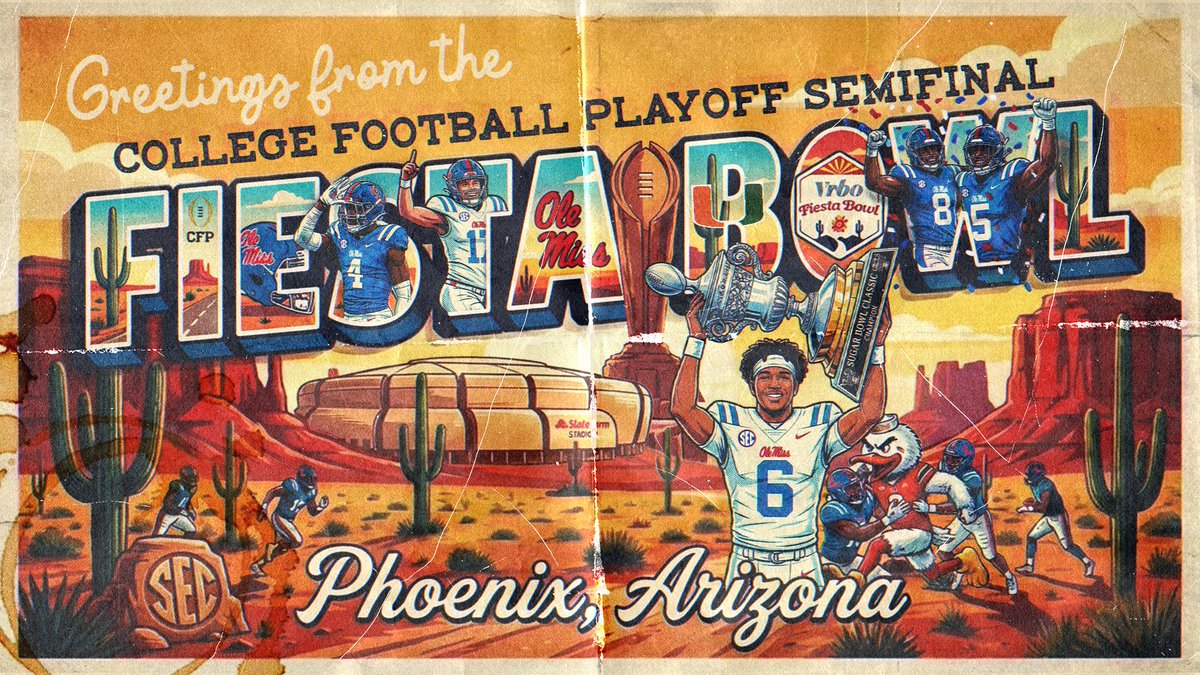 SEC's tweet image. bringin’ the party to the Fiesta ☀️🌵

📍 @OleMissFB 

#HottyToddy x #CFBPlayoff