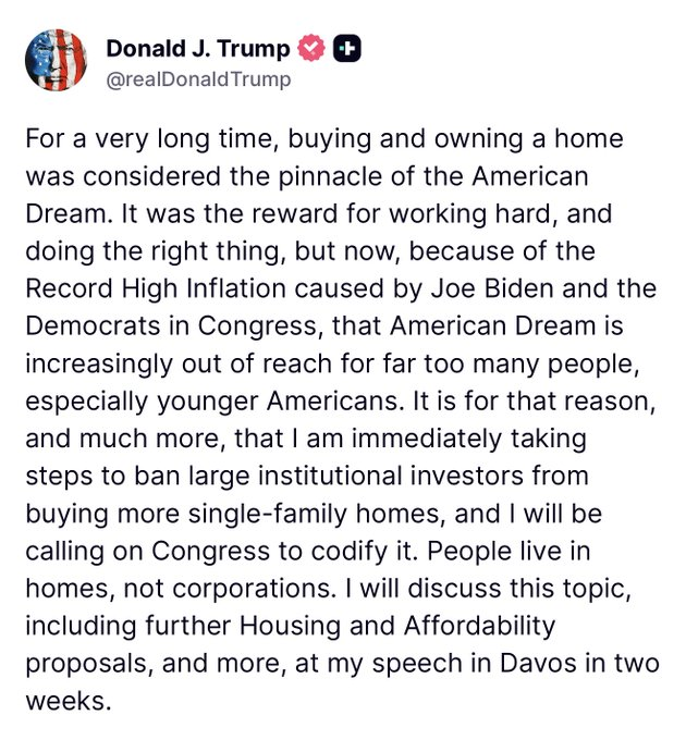 joshdcaplan's tweet photo. TRUMP PUSHES TO BAN INSTITUTIONAL INVESTORS FROM BUYING HOMES https://t.co/904D5UG8tX