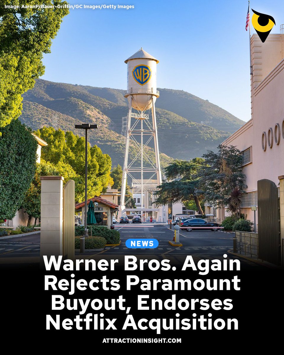 AttractInsight's tweet image. Warner Bros. Discovery again rejected Paramount’s takeover bid on Wednesday, urging shareholders to support Netflix’s offer instead and citing concerns that a Paramount deal would involve heavy debt and restrictive operational terms.

FULL DETAILS: attractioninsight.com/news/warner-br…