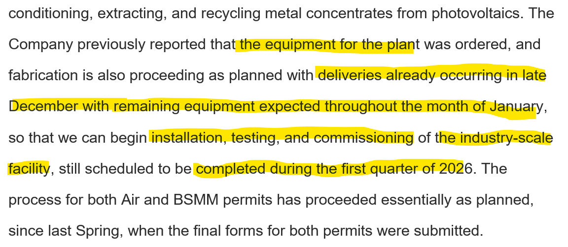 $LODE the air permit is here!

Perhaps just as important...on track for Q1 commissioning of the first industrial scale solar recycling facility. 

Looks like the company is on track for a strong 2026 and beyond.