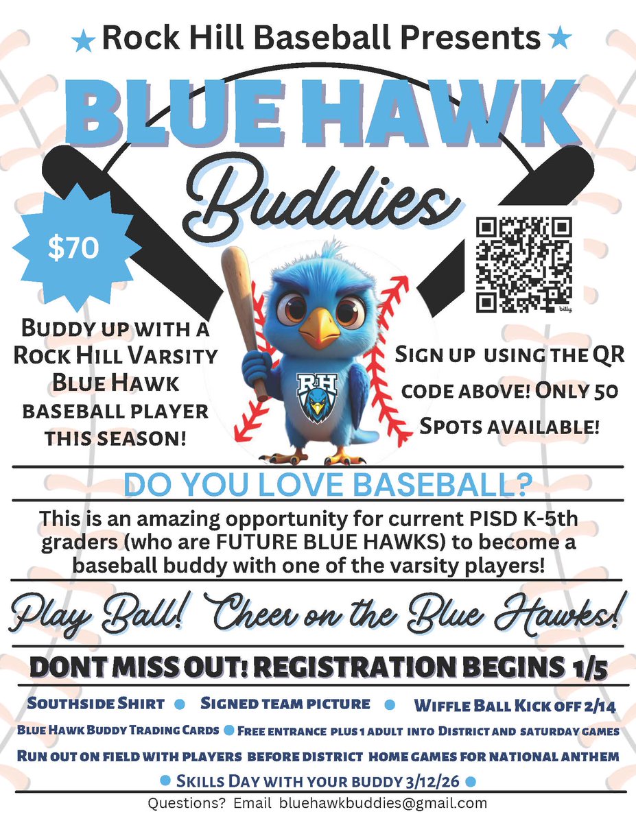 PISDEngage's tweet photo. ⚾️Future Rock Hill Blue Hawks, Grades K-5: Register to be a Blue Hawk Baseball Buddy! https://t.co/AnIfDNnoc5
#GetPluggedIn @ProsperISD @PISD_Athletics @RockHillHS @RockHillBasebll @BakerElem @hugheselem @ReevesElem @FurrElem @PISDJacksonElem @SpradleyElem https://t.co/qa14ASEKlZ
