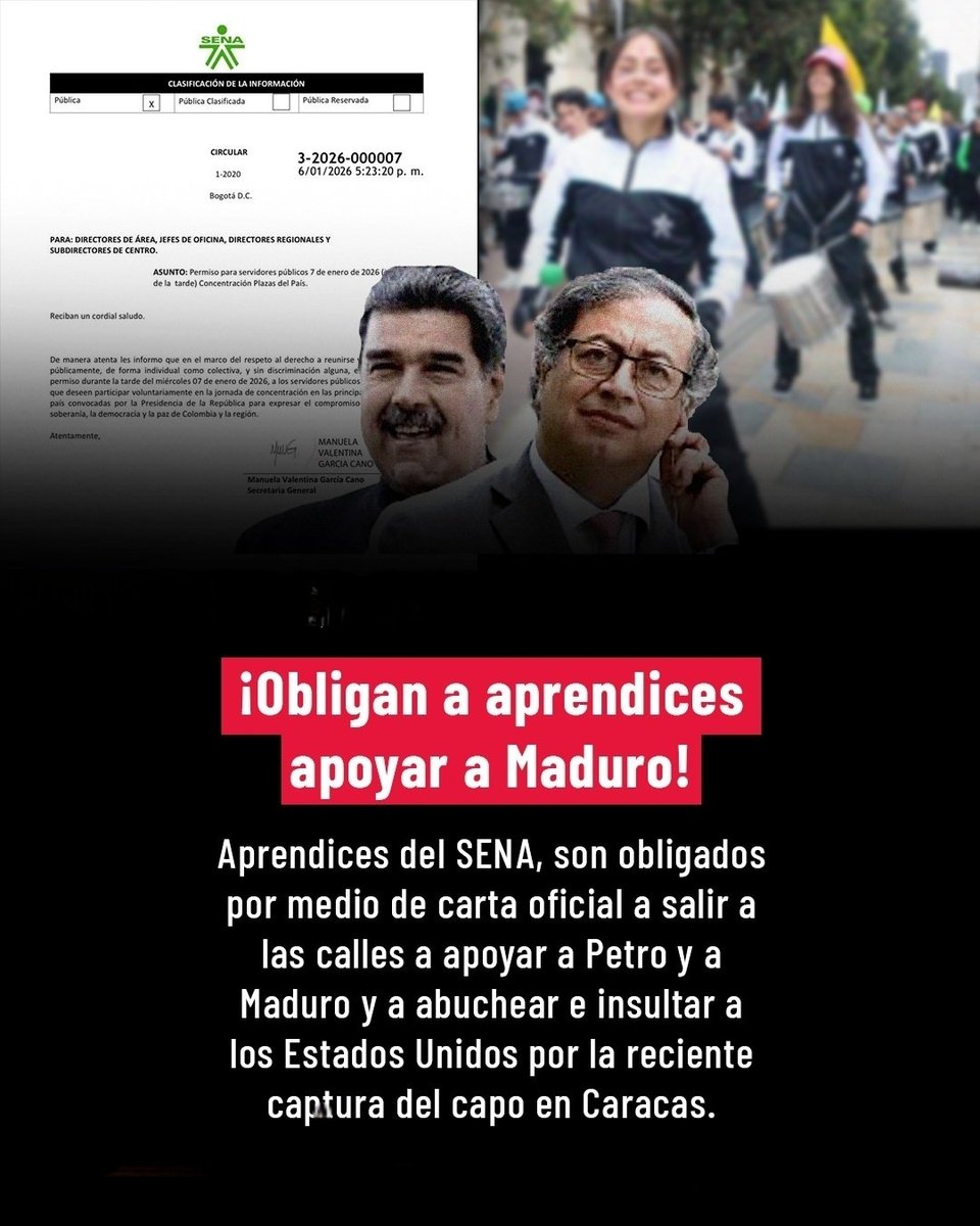 Por orden de <a href="/petrogustavo/">Gustavo Petro</a>, el SENA obliga a funcionarios y aprendices marchen y respalden a Maduro. Presión interna para apoyar una dictadura acusada de narcotráfico, con presos políticos, torturas, represión y éxodo masivo. El Estado colombiano se convirtió en escudo político