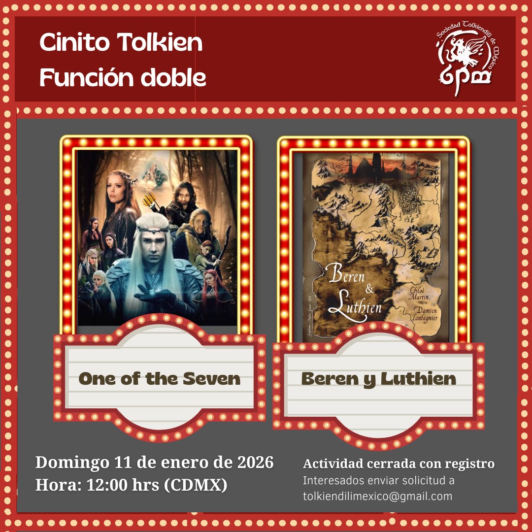 Dos miradas al mito y la épica de la #TierraMedia 🎬✨
One of the Seven y Beren &amp; Lúthien nos llevan por la ambición, el amor y el desafío al destino. 
Dom. 11 de enero | 🕒 12 h (MX)

Solicita acceso: tolkiendilimexico@gmail.com
#CinitoTolkiendili #YoLeoATolkien #STMAC