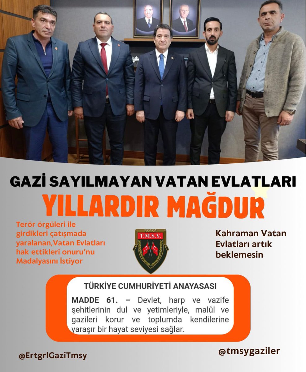 DemetGen13's tweet photo. @ErtugrlGaziTmsy @TBMMresmi @TmsyGaziler @aydem057 @mustafaulu60332 @Akparti @VeyselTipioglu Milliyetçi duruşun simgesi MHP’nin, terörle mücadelede yaralanan kahramanlara sahip çıkacağına inanıyoruz. Biz sadece onurumuzun adı olan “Gazilik” unvanımızı istiyoruz.
#GazilikHakkımızıİstiyoruz
@TmsyGaziler
@RTErdogan 
@dbdevletbahceli
@hulusiakarmedya 
@celebimehmeta,z https://t.co/7EZsWw9XuB