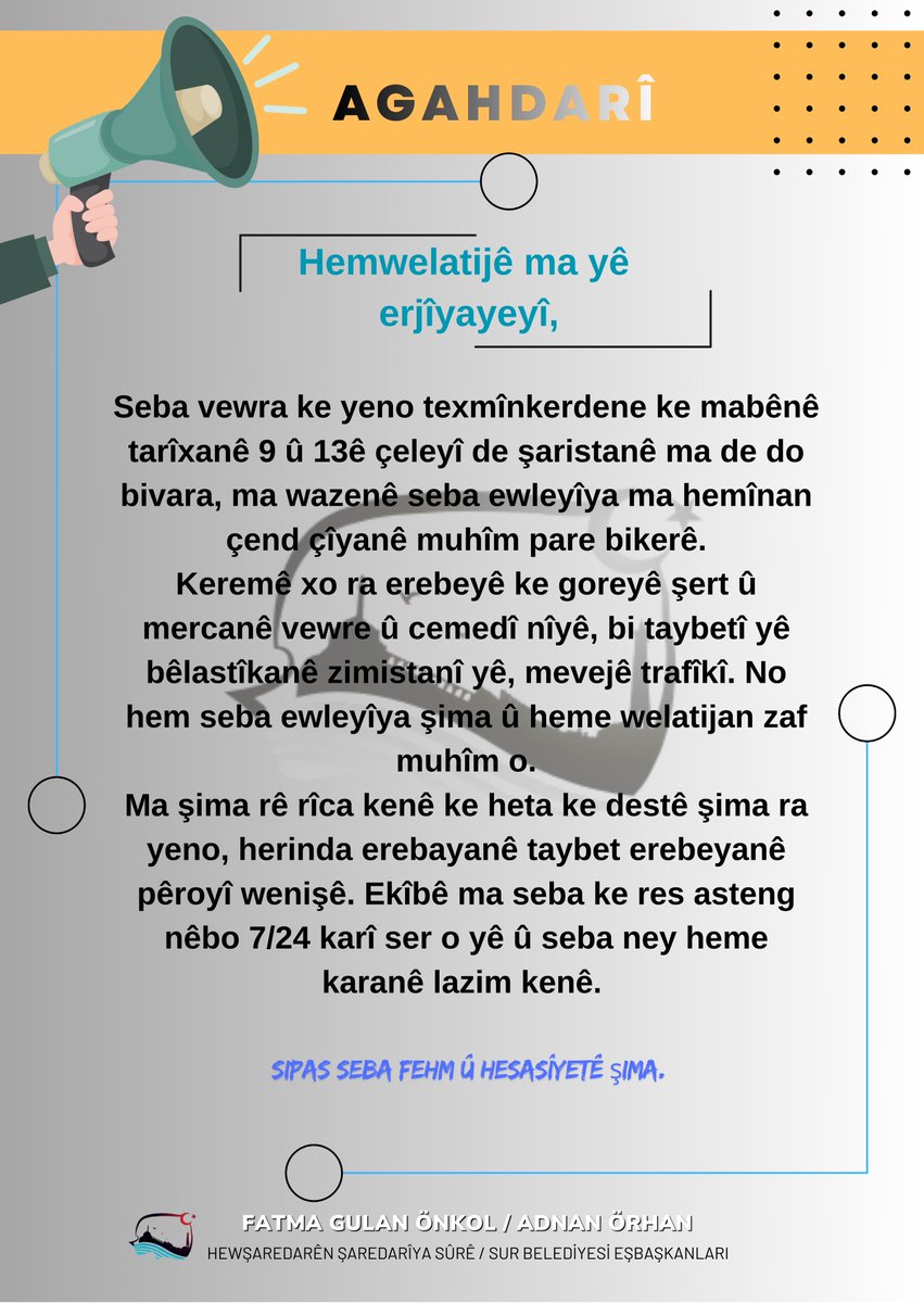📢 DUYURU

Değerli Yurttaşlarımız,

Kentimizde 09–13 Ocak tarihleri arasında etkili olması beklenen kar yağışı nedeniyle, hepimizin güvenliği için bazı önemli hatırlatmalarda bulunmak istiyoruz.

Lütfen kar ve buzlanmaya uygun olmayan araçlarla, özellikle kış lastiği bulunmayan