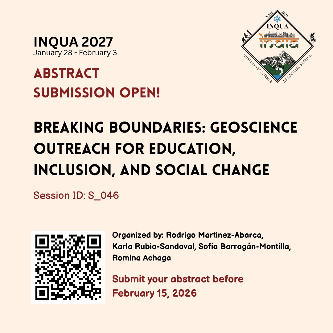 Rodrigo37708943's tweet photo. Abstract submission open for @inqua2027india (1/3) 🇮🇳🤗 Our session about communication, education and outreach of #geosciences was accepted! Don't miss the chance to share your experience in these fields during the conference! 🤓🙂 See you there! @INQUA @INQUA_ECR https://t.co/8Sf2ebGDdt