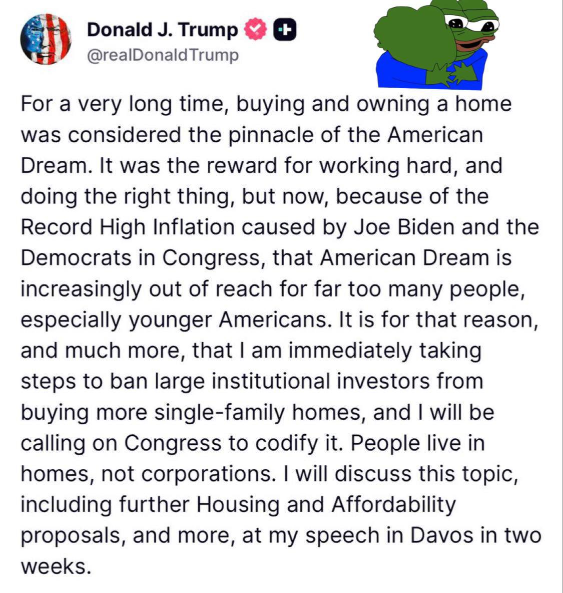 MJTruthUltra's tweet image. Oh My God!‼️‼️‼️

President Trump says he is taking immediate steps to BAN institutional investors from buying more single family homes and will call on Congress to codify it.

And of ALL PLACES, he says he will speak about it in DAVOS, the heart of darkness…. 

“You will own…