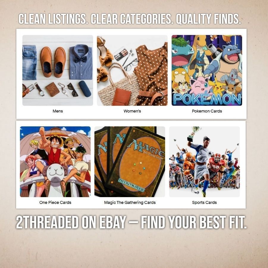IRGRL's tweet image. Shopping should be easy.
2Threaded is now organized by category — men’s, women’s, Pokémon, and One Piece cards — so you can find exactly what you’re looking for without digging.
buff.ly/zhzp2T8 
2Threaded on eBay — Find Your Best Fit.
#2Threaded #EbayStore #EbayFinds