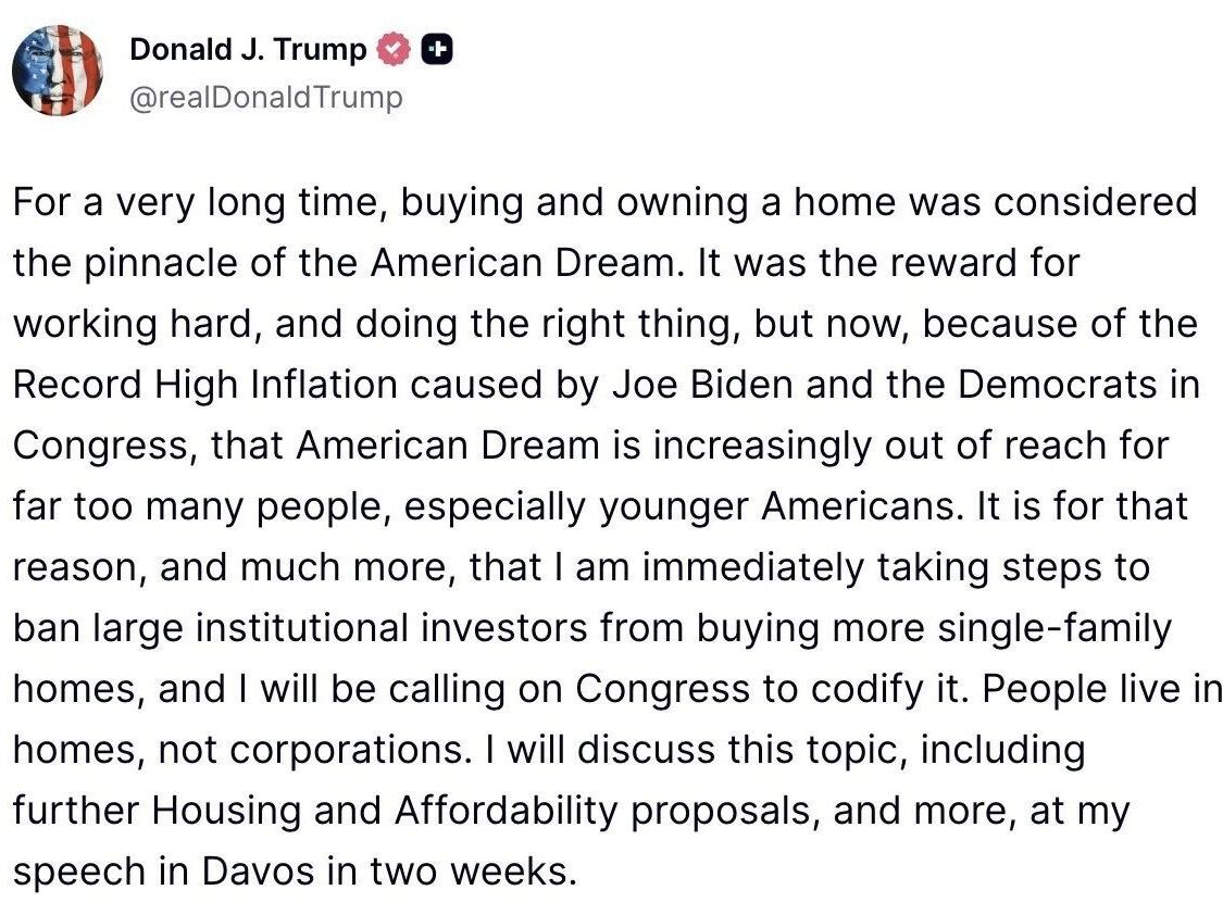 美国前总统特朗普提出重磅计划：将禁止大型机构投资者购买独栋住宅，以应对住房市场可负担性危机