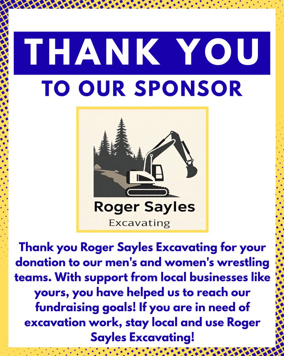 Thank you to Roger Sayles Excavating, for your generous donation to Barlow Wrestling!

#BruinTough #SmokeEm
🤼 🐻 🔥 💨