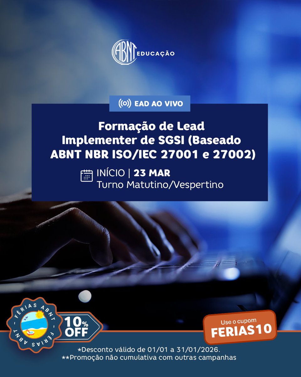 abnt_oficial's tweet image. 📅 23/03 a 02/04/2026

💰 Investimento: Em até 10x de R$ 469,00 sem juros no cartão

❗❗❗ Quer 10% de desconto? Use o cupom FERIAS10 em nosso site!

📅 De 01/01 a 31/01/2026. Promoção não cumulativa com outras campanhas
👉Acesse wa.me/551130173638

#ABNT #ISO27001 #SGSI