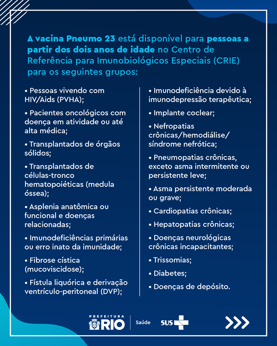 Saude_Rio's tweet photo. A vacina Pneumo 23 está disponível para pessoas a partir de dois anos de idade que fazem parte dos grupos prioritários, mediante a apresentação de pedido médico que comprove condição clínica de acordo com os critérios do Ministério da Saúde. https://t.co/CodvOdCnho