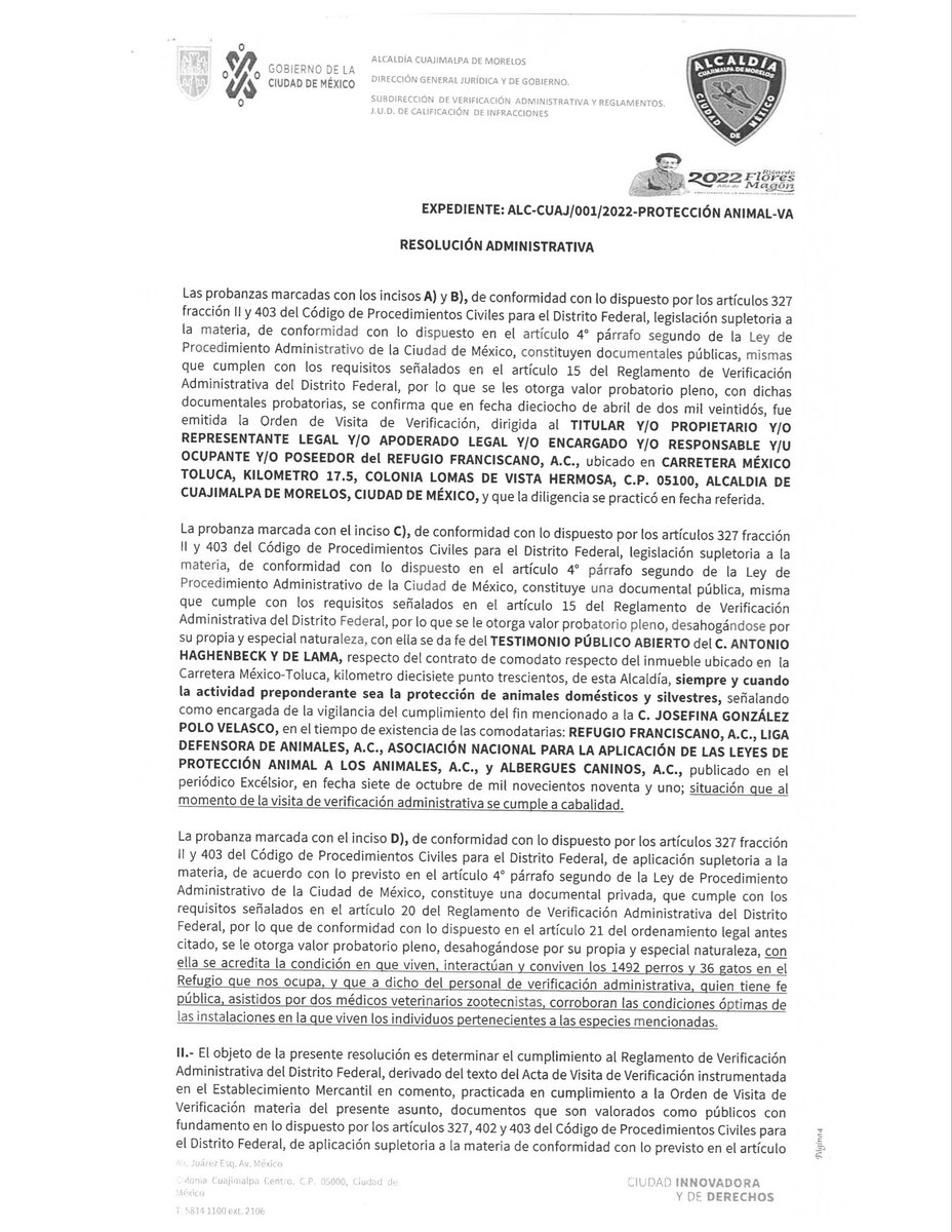 Ref_Franciscano's tweet image. En 2022 la Alcaldía de Cuajimalpa resolvió que el inmueble estaba en óptimas condiciones. El Refugio Franciscano acreditó ser un verdadero albergue de animalitos.