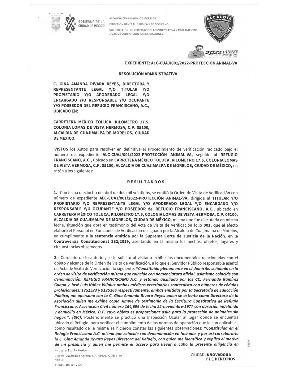 Ref_Franciscano's tweet image. En 2022 la Alcaldía de Cuajimalpa resolvió que el inmueble estaba en óptimas condiciones. El Refugio Franciscano acreditó ser un verdadero albergue de animalitos.