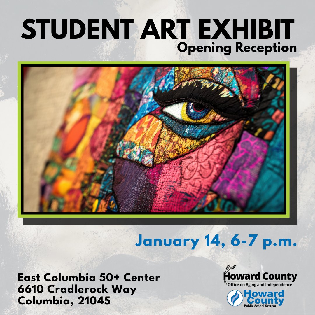 #HoCoAging is teaming up with HCPSS to showcase student artwork at the East Columbia 50+ Center!

Celebrate #HoCoCommunity youth at a free reception on Jan. 14, 6–7p.m. Light refreshments provided. Register: bit.ly/HoCo-StudentAr…

Exhibit runs Jan. 8–Mar. 30.