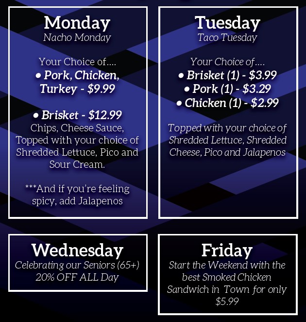 New year, new deals! 🍽️🔥🎊 We're rolling out all-new weekly specials! Let us know which days you are most excited for! 
#BlueEmberSmokehouse #WeeklySpecials #GetSmoked