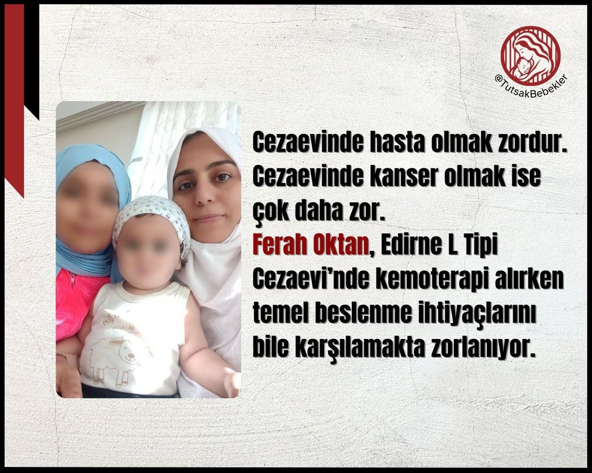 Cezaevinde hasta olmak zordur. Cezaevinde kanser olmak ise çok daha zor.

Ferah Oktan, Edirne L Tipi Cezaevi'nde kemoterapi alırken temel beslenme ihtiyaçlarını bile karşılamakta zorlanıyor.

Bırakın ailesiyle şifa bulsun!!!

FerahOktan AcilTahliye
#StarAcademy