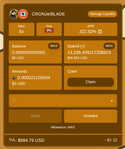 milesmuso's tweet photo. If you know where to look, you can make OBSCENE APRs!

Case in point: I'm making 322% staking $BLADE - $CRONJe.  And...

the $BLADE is from staking @RazorsNFT on https://t.co/35iYynGOsL,

and the $CRONJe is rewards from staking $PHANIC on https://t.co/rLusm1zCiV.

Free money! 😁 https://t.co/gczluyFeb1