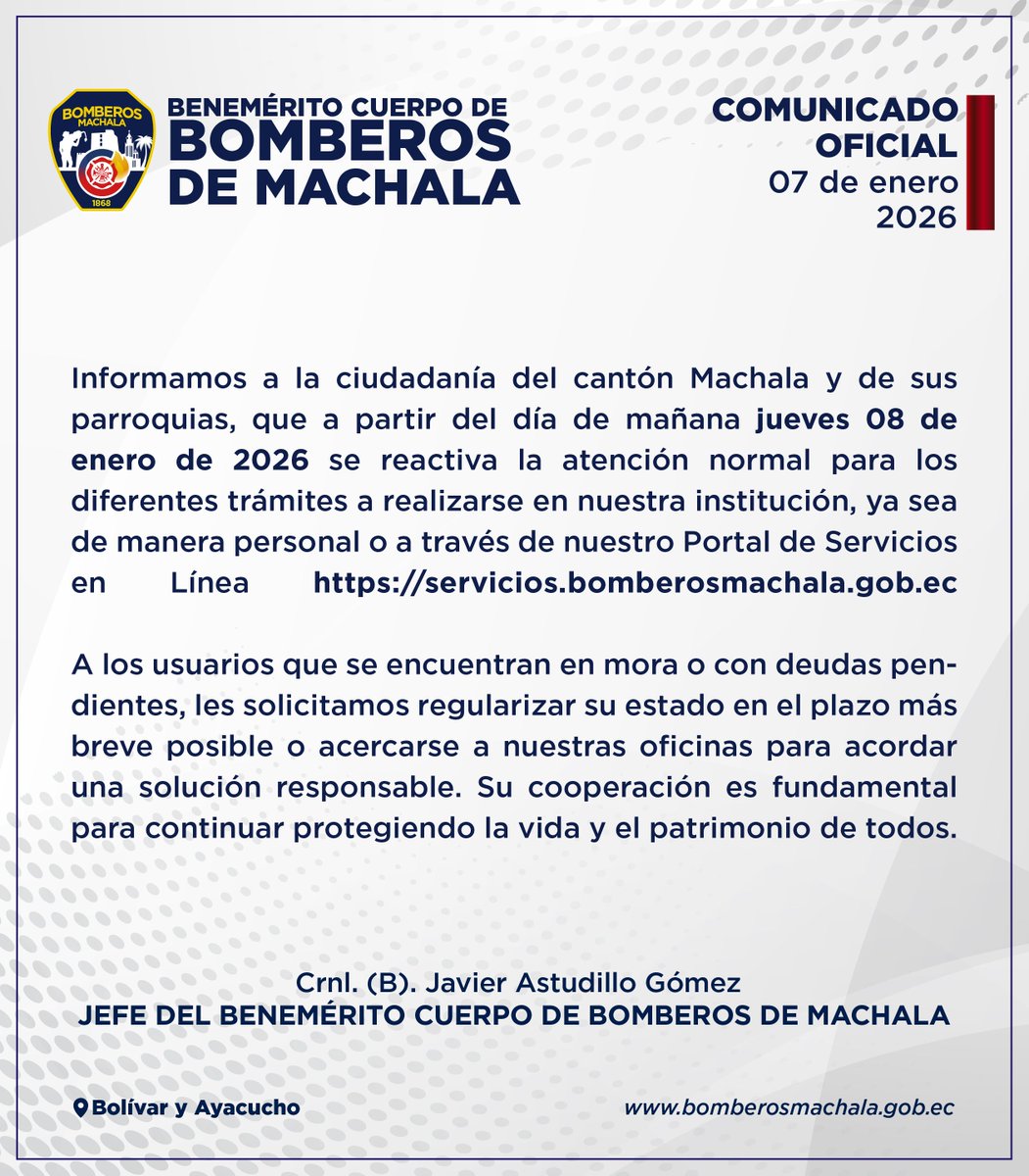 Mucha atención a la ciudadanía del cantón Machala.
#BomberosMachala
#ElHonorDeServir
