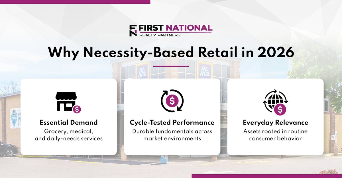 As we look ahead to 2026, investors are placing greater emphasis on durability over speculation. Necessity-based retail continues to stand out because it is supported by daily-use demand and an essential tenant mix.

ow.ly/6Ieq50XT3Qe

#CRE #Retail #Demand