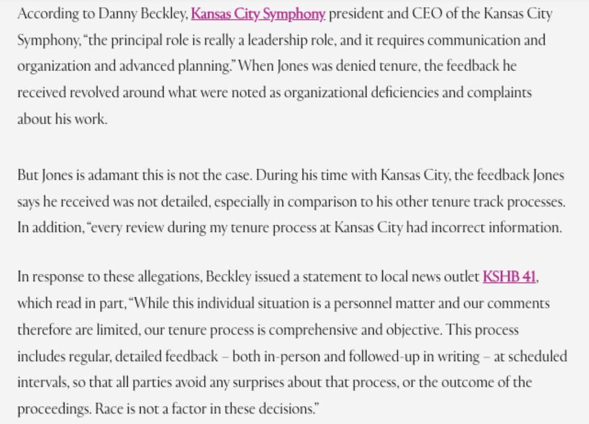 Not every orchestra CEO bows down for DEI like they do in Nashville and Knoxville, Kansas City CEO Danny Beckley took a wiser approach during the Josh Jones scandal of 2023:

It's a well-publicized story in which Jones failed to get tenure for offstage reasons (Principal