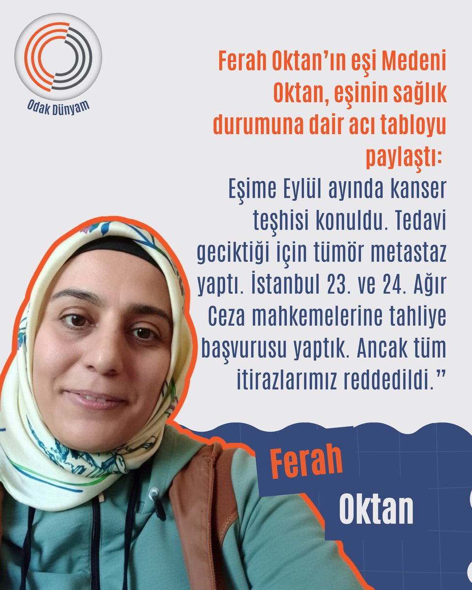 17 aydır hukuksuz gerekçelerle Edirne L Tipi Cezaevi’nde tutuklu bulunan KHK’lı öğretmen Ferah Oktan’a Eylül ayında meme kanseri teşhisi konuldu. Tedavide yaşanan gecikmeler nedeniyle tümör metastaz yaptı.

<a href="/kadinih/">Kadının İnsan Hakları Derneği</a>

FerahOktan AcilTahliye