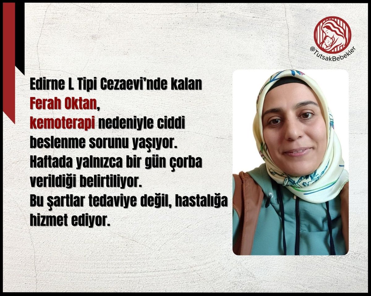 BUGÜN FERAH OKTAN, YARIN HERKES

Ferah Oktan 2024 'ten  bu yana Edirne’de tutuklu.
Hakkında kesinleşmiş tek bir suç yok.
Tutukluluğu sırasında meme kanseri teşhisi konuldu, hastalık metastaz yaptı.
İki çocuk annesi, ağır tedavi görüyor.
<a href="/serakadigil/">Sera Kadıgil</a> 
FerahOktan AcilTahliye