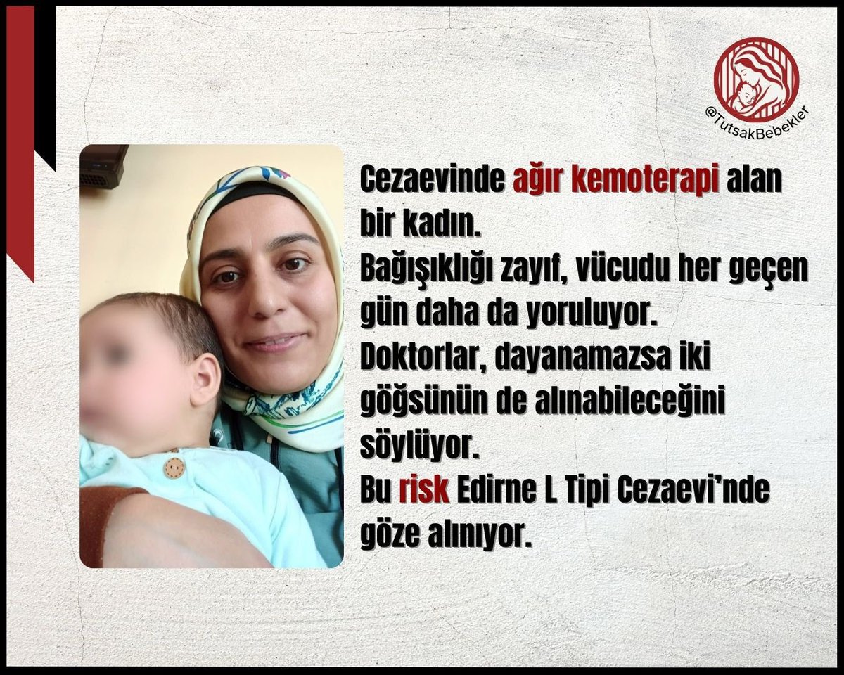 Ferah Oktan, Edirne L Tipi Cezaevi’nde kemoterapi alıyor. Vücudu her geçen gün biraz daha tükenirken, en temel beslenme ihtiyaçlarını bile karşılamakta zorlanıyor.
Kanser tedavisi sadece iğneyle, ilaçla olmaz. 
Artık bu çığlığı duyun..<a href="/adalet_bakanlik/">T.C. Adalet Bakanlığı</a> 

FerahOktan AcilTahliye