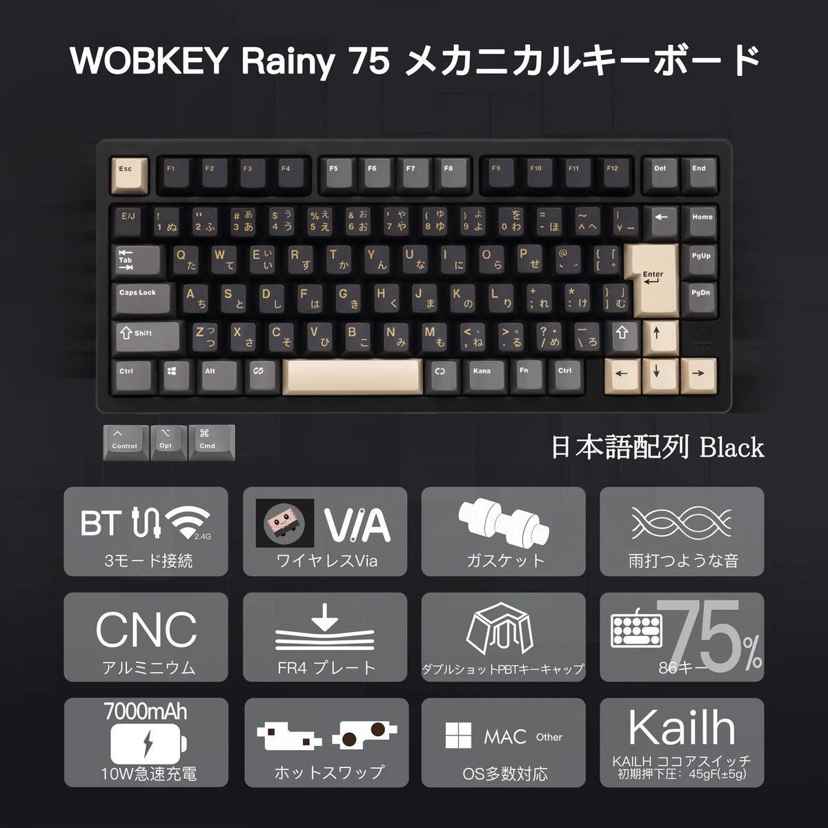 Daihuku0015's tweet image. WOBKEY Rainy 75 Pro JIS 日本語配列
超ロングセラーの「Rainy75」の日本語版がついに登場！！
✅極上の打鍵感
✅待望の日本語配列
✅技適取得済み

今ならまだ先行予約の3,720円オフが得られます。気になっている方は早めに判断した方がお得です👍✨
👉kibushop.com/products/wobke…