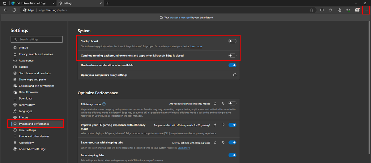 Jurnin's tweet image. Improve System Performance on Windows 10/11‼️

Edge is installed by Default + Utilizes Memory/CPU Resources even if it's not your Main Browser

Go to the Dots top Right and Disable the Spotlighted settings in System and Performance regardless if Edge is your Main Browser

♥️+♻️