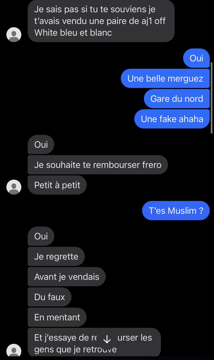 MdiPowell's tweet image. Il vient de m’arriver le truc le plus lunaire de ma vie, en 2018 j’ai acheté un paire de Jordan 800€ à un mec sur un groupe Facebook, cette paire s’est avérée être fausse et en 2026 le mec vient de me recontacter… les screens parlent d’eux mêmes.