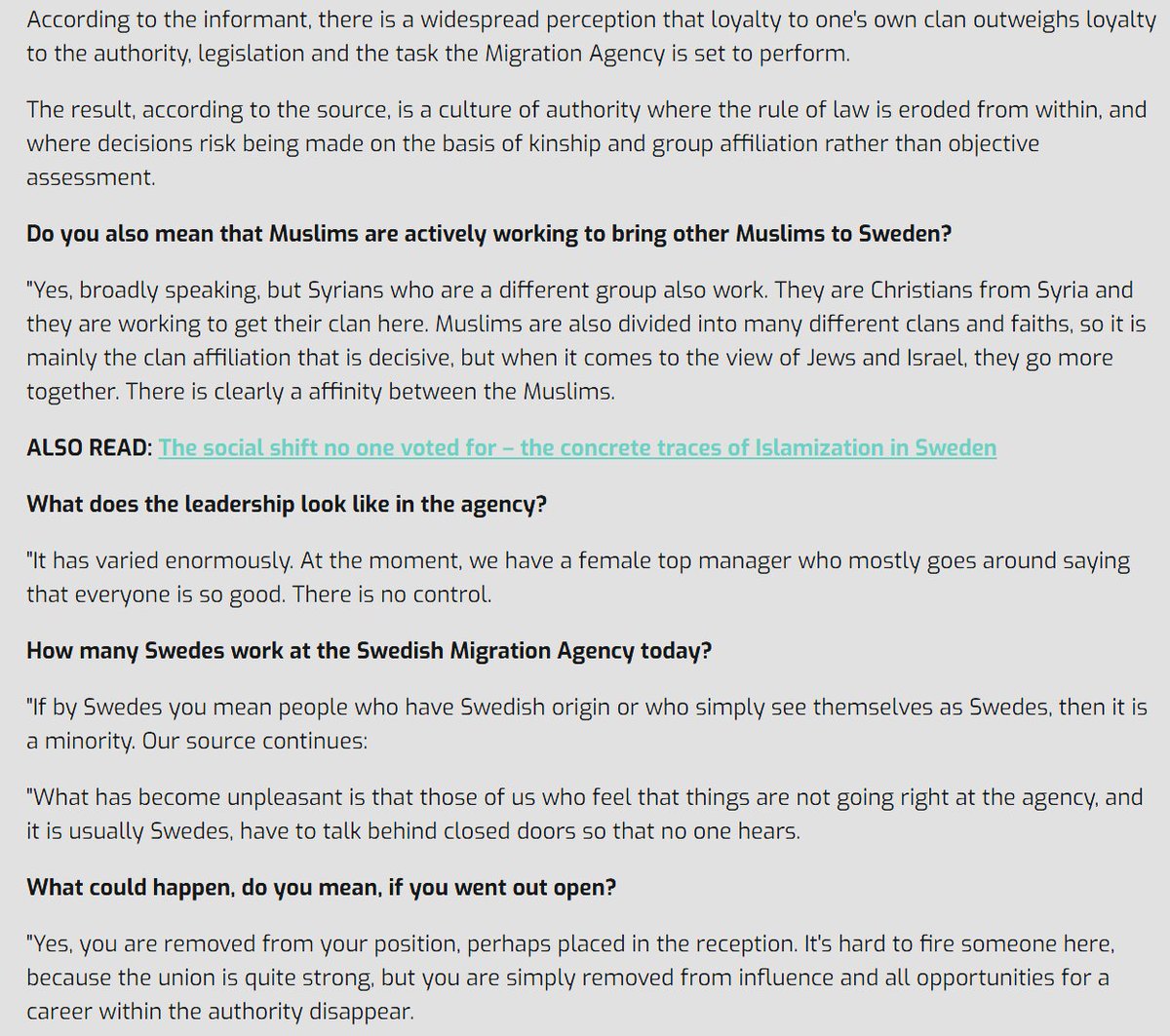 Unbelievable story out of Sweden: 

An informant in the Swedish Migration Agency, the place where decisions are made regarding asylum, residence permits, work permits, and citizenship, admitted that the majority of employees there aren't Swedish and don't even speak Swedish.