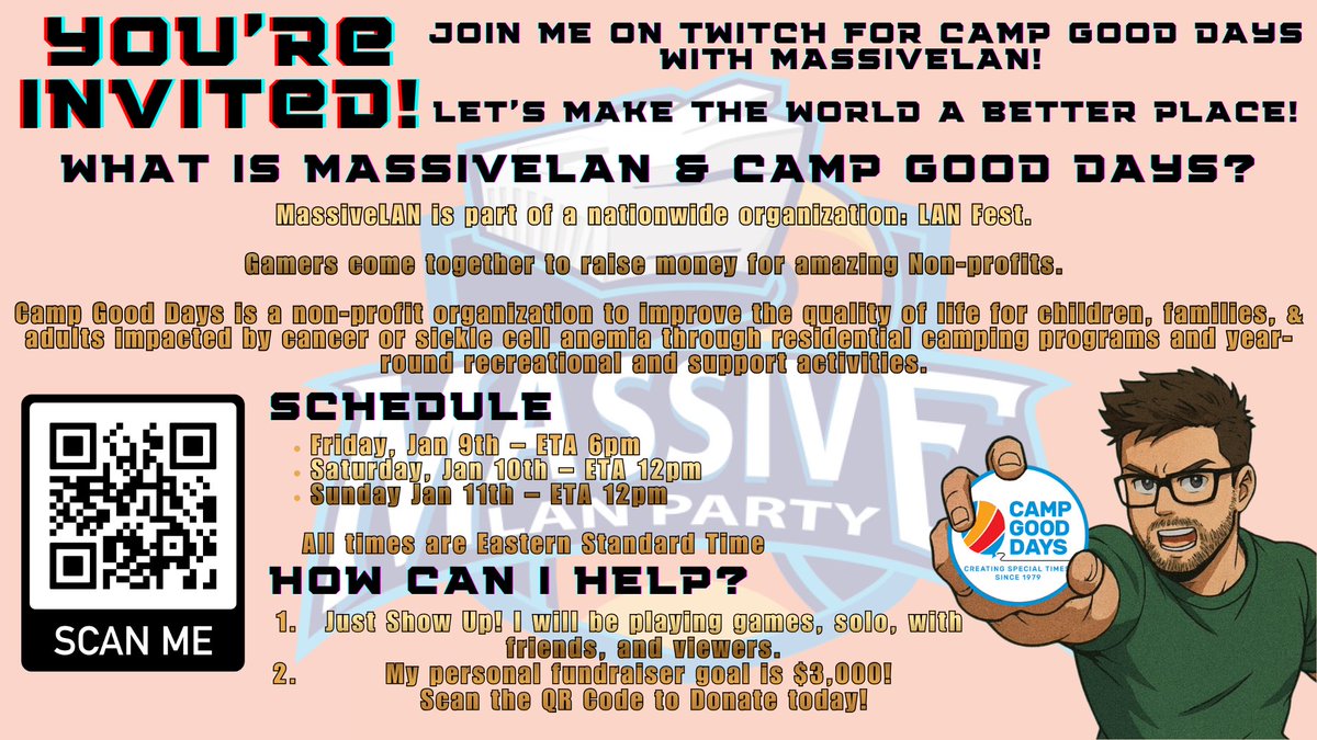 You’re Invited! Come join us for this 3 Day Event! I’ll be streaming Games, LEGO, BeanBoozled and more! All for a good cause! <a href="/CampGoodDays/">Camp Good Days</a>  <a href="/MASSIVELAN/">MassiveLAN</a> Let’s Make the World a Better Place!