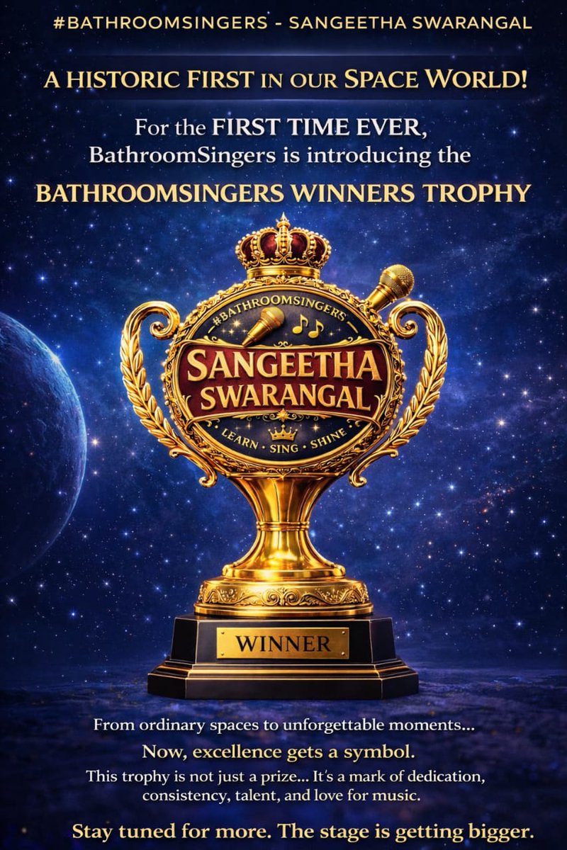 🎶 #BathroomSingers – Sangeetha Swarangal 🎶

✨ A Historic First in Our Space World! ✨

For the first time ever, BathroomSingers proudly introducing the 🏆 BathroomSingers Winners Trophy 🏆

This trophy is not just a prize

It’s a mark of dedication, talent &amp; ❤ for music 🎤🎶
