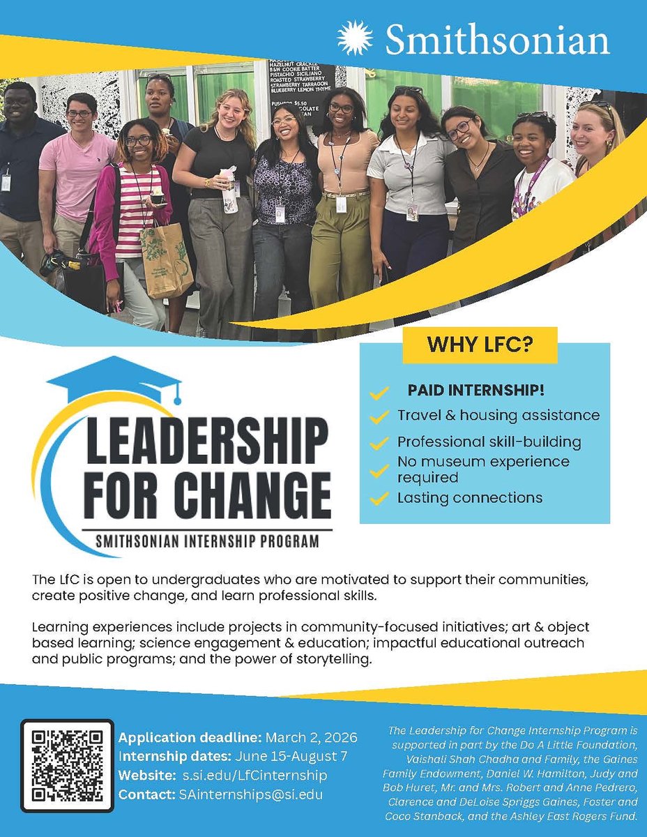 sitesExhibits's tweet photo. We are now accepting applications for our 2026 @Smithsonian Leadership for Change Internship program (June 15-August 9, 2026)!

Learn more here: https://t.co/A9VyrerML9 https://t.co/N8JDfIAXL6
