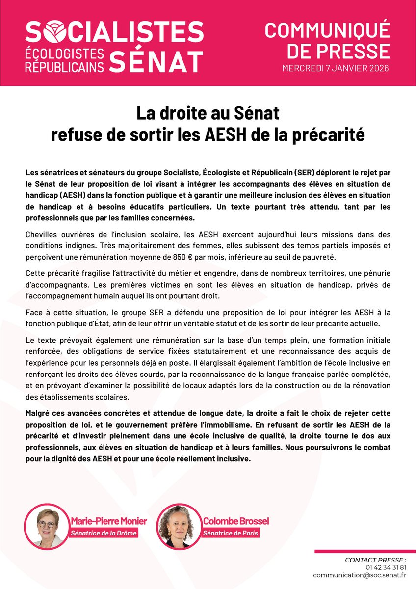 Le refus de la droite sénatoriale de voter une proposition de loi des @senateursPS visant à protéger et mieux encadrer la formation et la rémunération des AESH est aussi incompréhensible qu’insupportable.
Merci à mes collègues @MP_Monier et @cbrossel d’avoir défendu ce texte.
