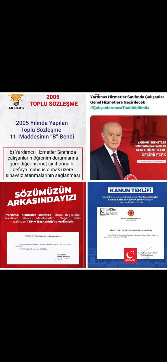 <a href="/CeydaBC35/">Ceyda Bölünmez Çankırı</a> <a href="/RTErdogan/">Recep Tayyip Erdoğan</a> Sn Vekilim lütfen sesimizi duyun 

<a href="/Akparti/">AK Parti</a> söz verdi 
<a href="/MhpTbmmGrubu/">MHP TBMM Grubu #MHP</a> Cumhurittifakı söz verdi 

<a href="/rprefahpartisi/">Yeniden Refah Partisi</a> Cumhurittifakı söz verdi 

#YardımcıHizmetlerSınıfı na verilen sözler artık yerine getirilsin lütfen