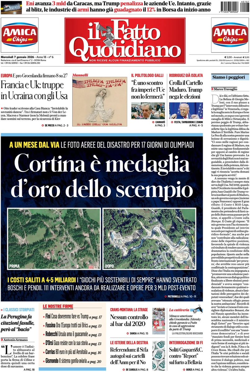 "Le foto aeree del disastro per 17 giorni di Olimpiadi...sventrati boschi e pendii..." 
(Il Fatto Quotidiano).
Alle 20 su Rai3 nuova puntata di #blob...