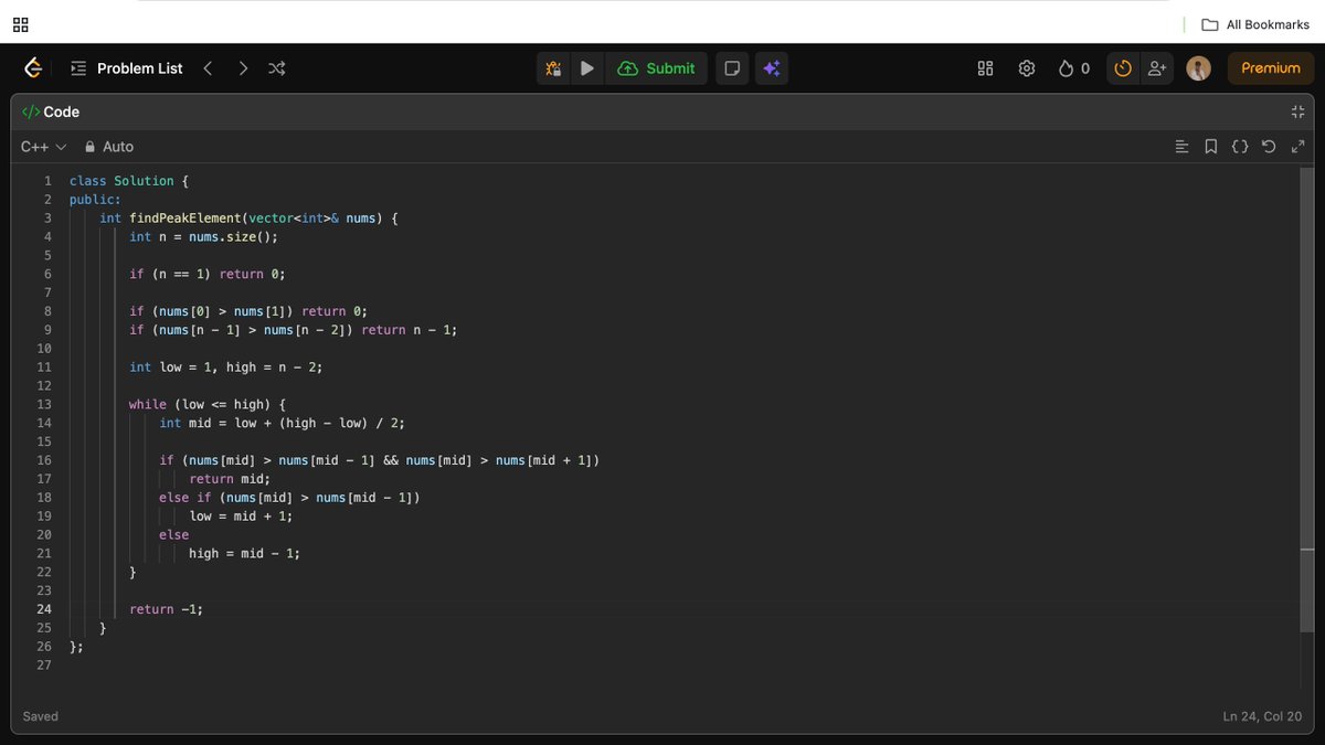 Adarshpate45125's tweet photo. 🚀 LeetCode Day 2 | #162 Find Peak Element
Approach:
Binary Search – compare mid with mid+1
📈 If rising → move right
📉 If falling → move left

⚡ Time: O(log n) | Space: O(1)
Consistency > Motivation 💪
#LeetCode #Day2 #DSA #BinarySearch #CodingJourney https://t.co/2PFP8ijg4o