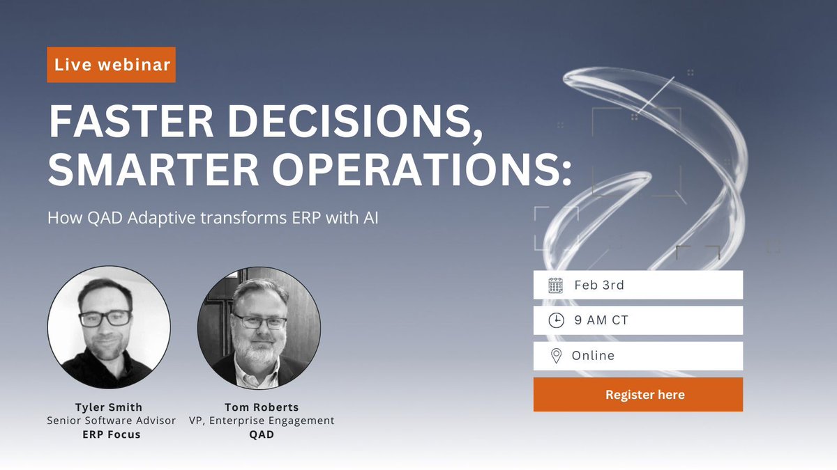Manufacturers, feeling the pressure to stay competitive?

Join us and <a href="/QAD_Community/">QAD</a> for a free webinar on Feb 3rd (9 AM CT). Learn how to automate processes, make smarter decisions, and keep up with disruption. 

Learn more: buff.ly/rSMRANs
