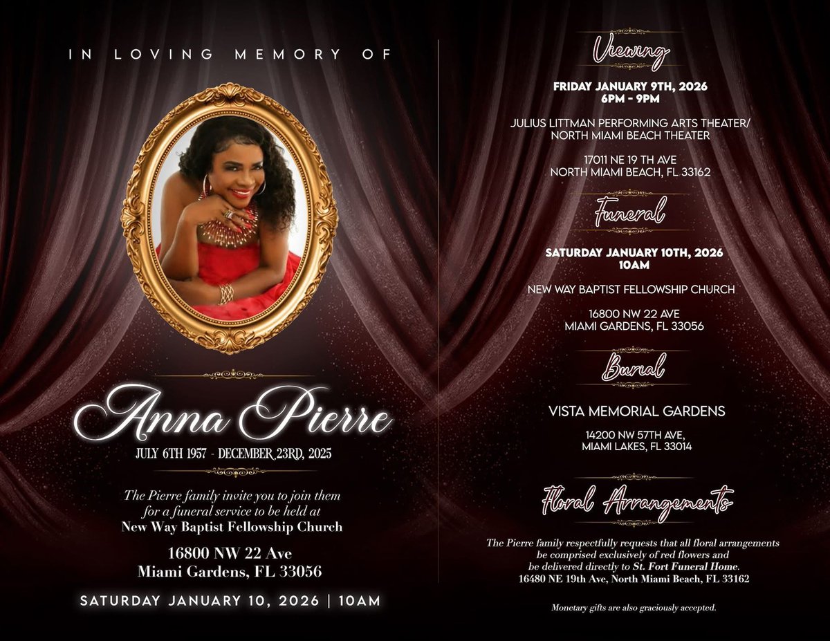 Anna Pierre, chantez mizik «Vi n mete Suk sou bonbonm» nan ap antere samdi 10 janvye 2026 nan Miami !
Fanmi Anna Pierre anonse finiray atis la ap chante samdi 10 janvye 2026 la a 10:00 a.m. nan New Way Baptist Fellowship Church nan 16800 NW 22 Ave, Miami Gardens, FL 33056.
Vèy la