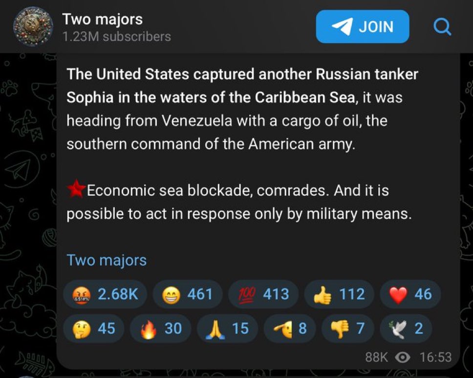 Russian bloggers are in absolute meltdown mode over the capturing of Russian tankers. It is not only some obscure TG accounts, but some very large and infamous ones like „Two Majors“, calling for military means against the US. I would even pay them to try that. Others are even