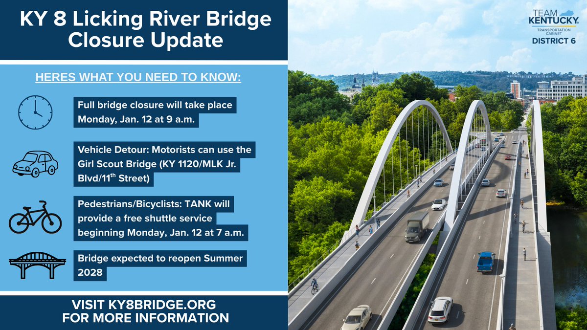 KYTCDistrict6's tweet photo. UPDATE: we will be closing the KY 8 Licking River Bridge (between Covington and Newport) on Monday, Jan. 12 at 9 a.m. Plan ahead for this closure! 

For more information about the project -- check out https://t.co/Pa6deMdCeE https://t.co/qPPIyKyLKG