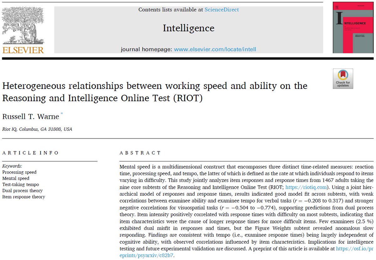 🚨🚨🚨New article!🚨🚨🚨
Today, the first peer-reviewed article using RIOT IQ data was published in a scholarly journal. In this study, <a href="/Russwarne/">Russell T. Warne 🇺🇸🇨🇱</a> analyzed how response times on IQ test items related with performance on the same questions. Some of the findings include:
➡️Each