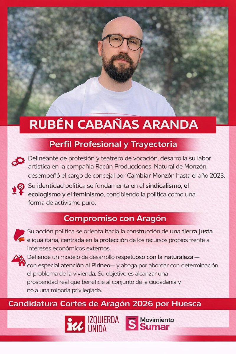 Presentamos candidatura a las Cortes #Aragón por #Huesca para las elecciones autonómicas.

Combina experiencia institucional, compromiso social, vinculación con el territorio y se enmarca en la trayectoria histórica de IU como fuerza política al servicio de la mayoría social