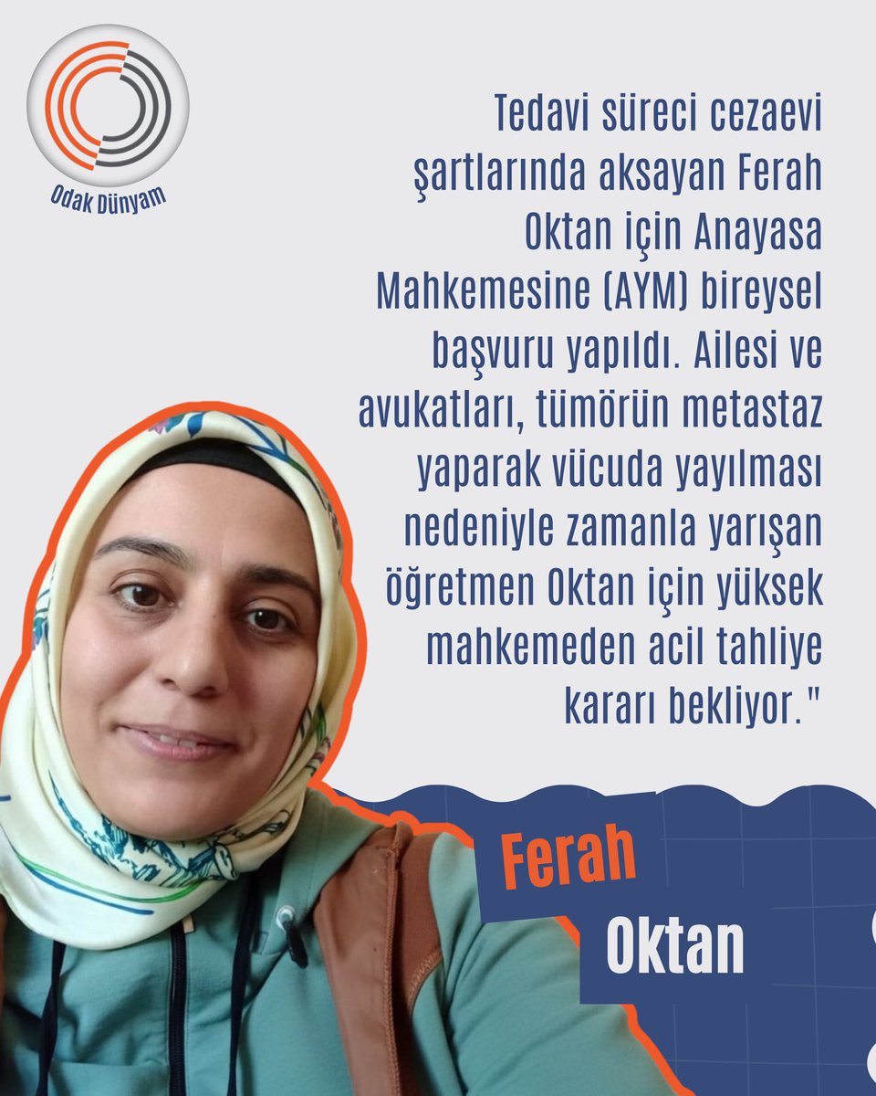 🔴 Kanser tedavisi düzenli takip, özel beslenme ve enfeksiyondan korunma gerektirir. Cezaevinde bu şartlar sağlanabilir mi?
Tutuklu öğretmen Ferah Oktan kanser hastası ve hastalığı yayılmış. Yaşam hakkı için tahliye edilmeli.

<a href="/kadinkoalisyonu/">Kadın Koalisyonu</a>

FerahOktan AcilTahliye